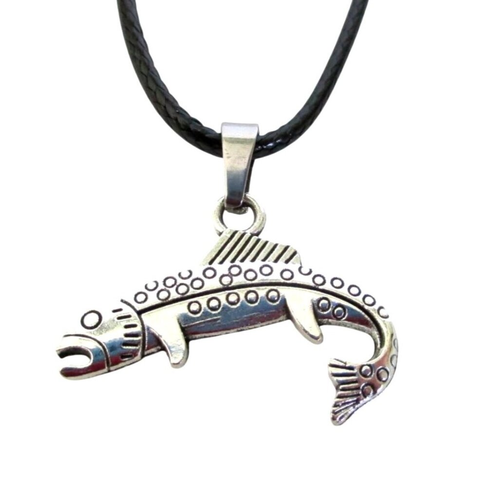 New  Fish Pendant Necklace With 18" to 20" Black Cord - Unisex Rustic Fishing Je